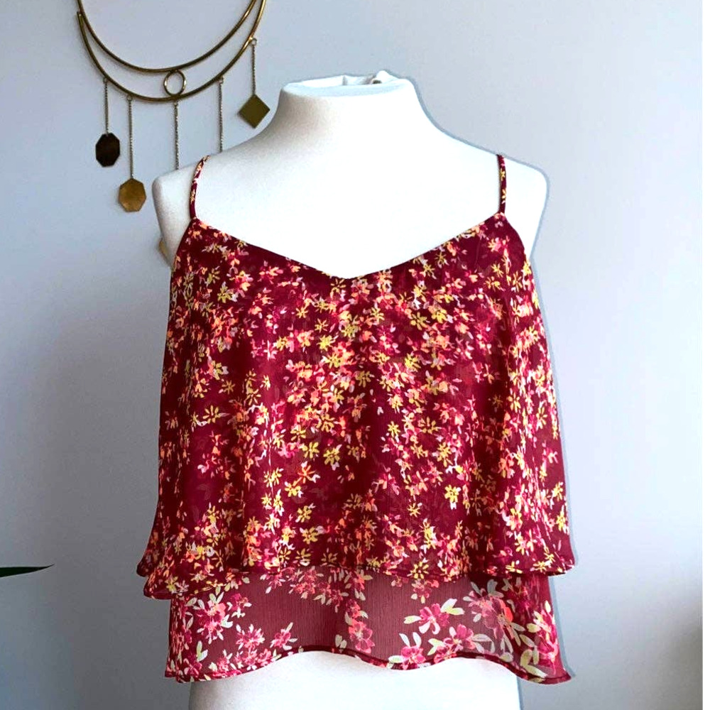 Express Small Burgundy Pink White Tiered Crop Top Tank Semi-Sheer